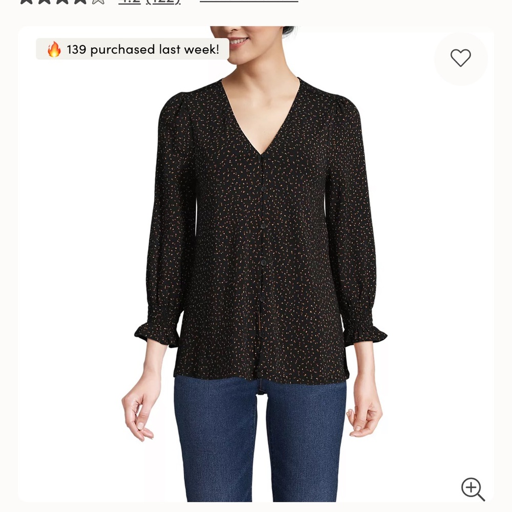 Lands' End Black 3/4 Sleeves Blouse with Dots